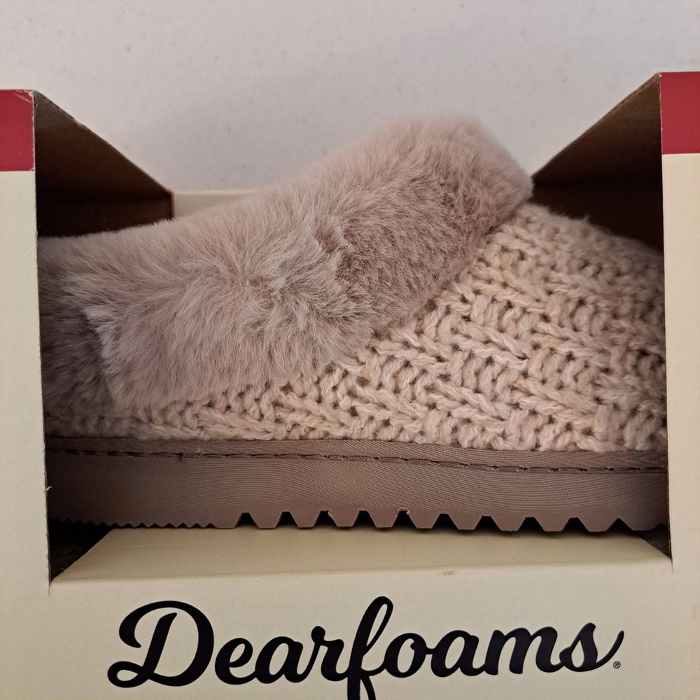 Dearfoams Memory Foam Slippers Womens S 5-6 Oatmeal NEW Cable Knit Fur 1215-294